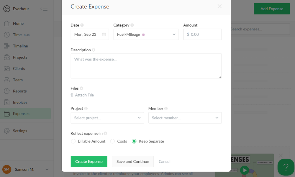 Screenshot of expense creation page