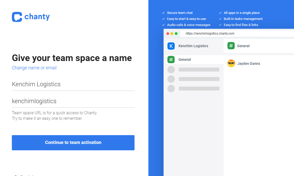 Screenshot of Chanty team space setup page