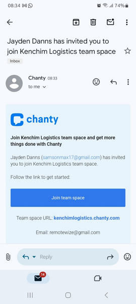 Screenshot of Chanty invite email