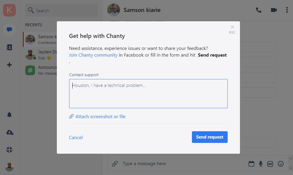 Screenshot showing Chanty support ticket page