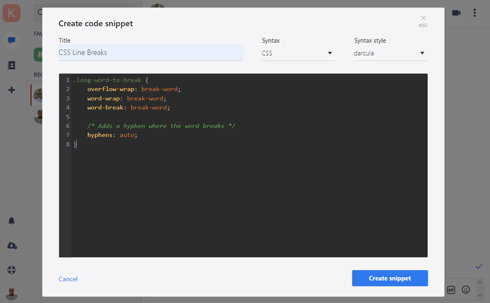 Screenshot showing Chanty code snippet editor