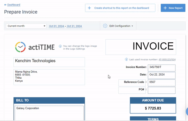 GIF showing actiTIME invoice