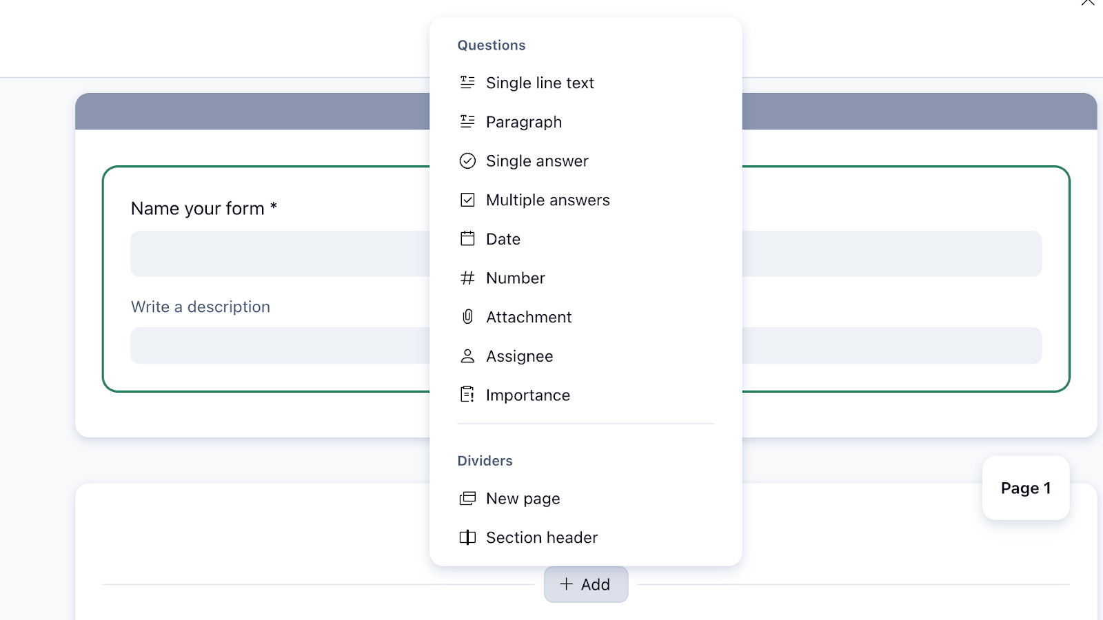 Wrike's "Create a form" tool lets you name your form, write a description, and add questions, such as single line text, paragraph, multiple choice, date, number. 