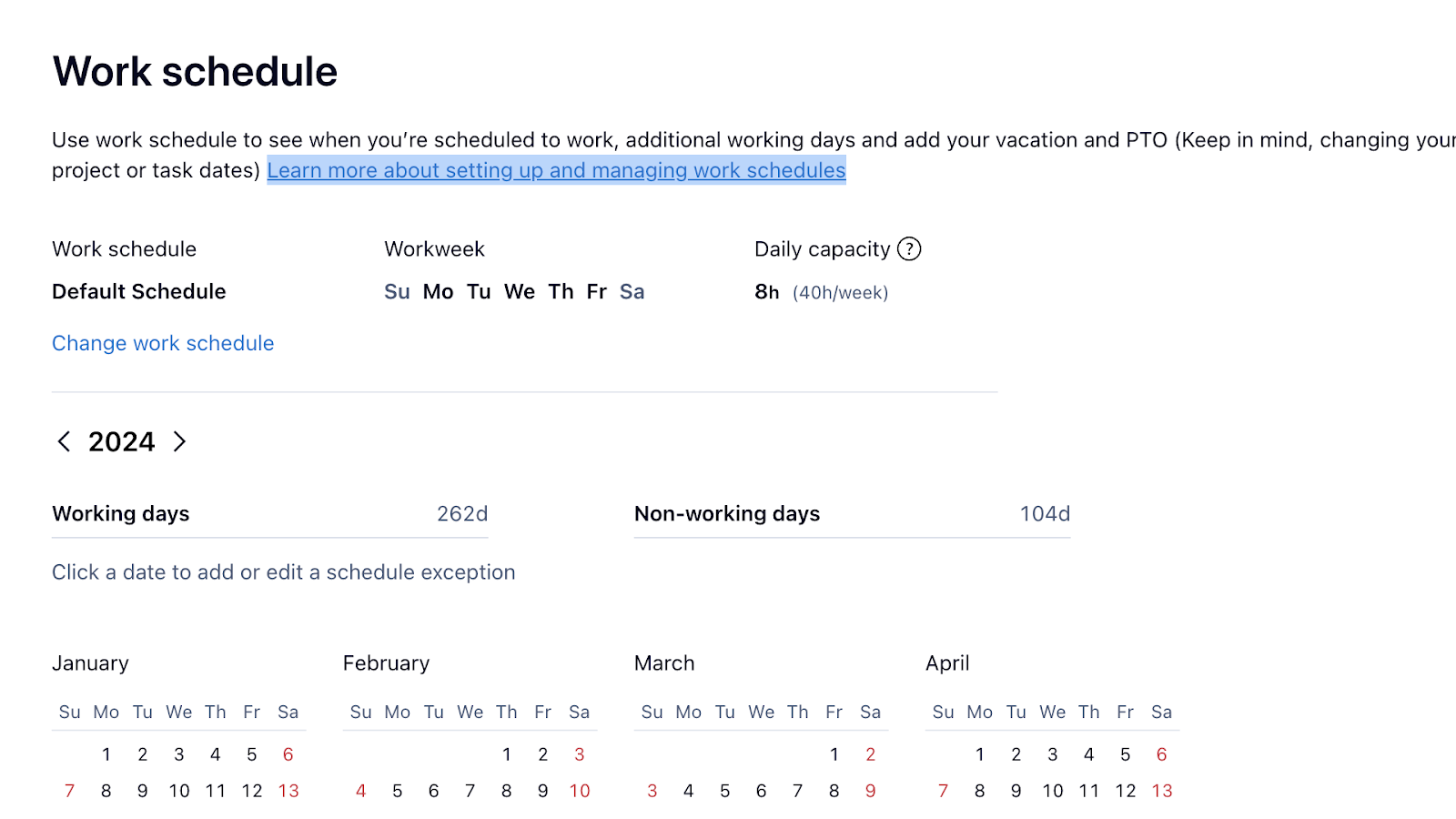 A screenshot of the admin view of Wrike's work schedules tool lets you set your employees' work weeks, mark working vs. non-working days, and add daily work capacities. 