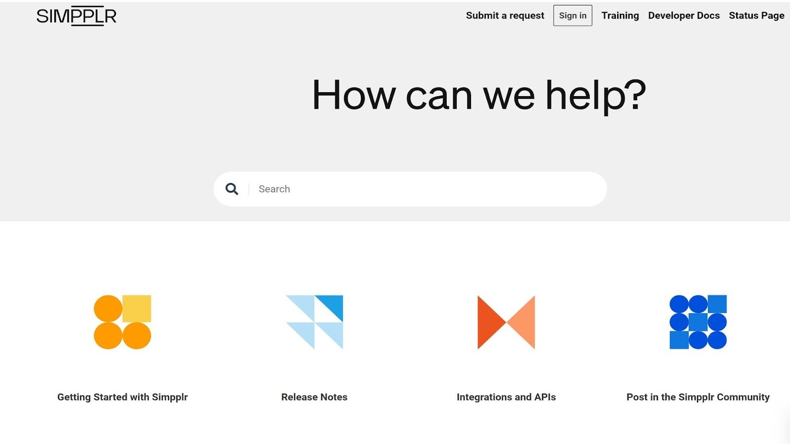 Simpplr’s online knowledge base, featuring a search bar and 4 clickable icons
