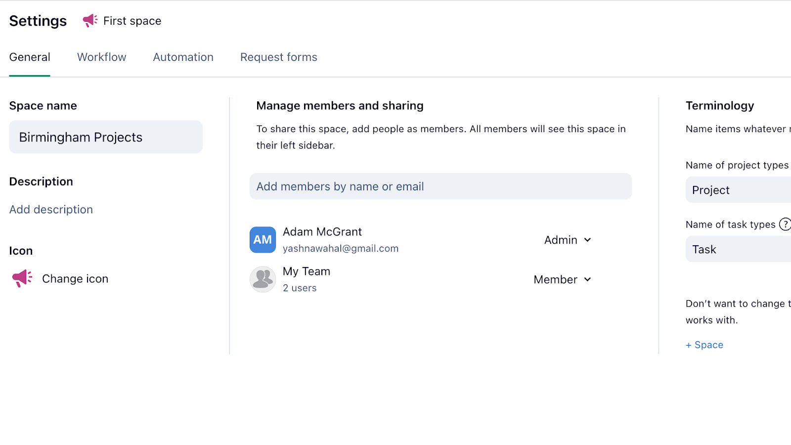 Wrike's "Spaces" settings let you change the space name, add a description, invite team members, change the icon, and customize the terminology for projects and tasks. 