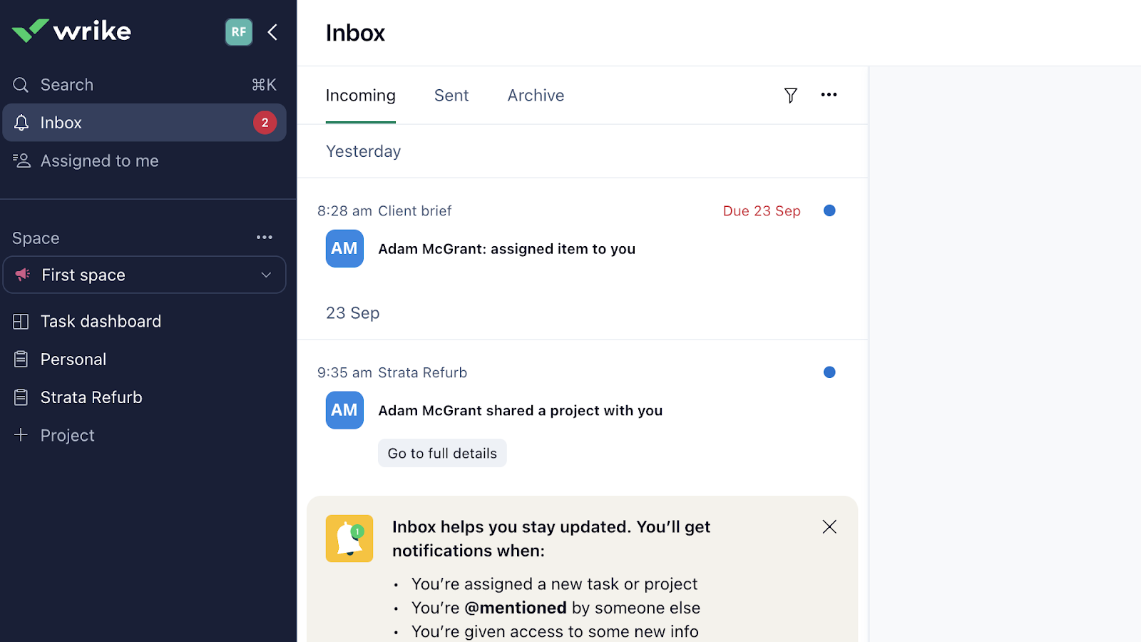 Wrike's homepage has a clean blue and white interface and features such as task dashboard, projects, inbox, and search neatly laid out on the left sidebar. 