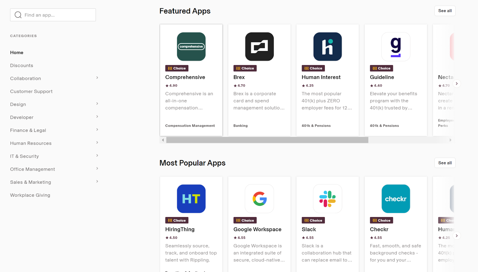 Rippling’s integration marketplace showing featured and popular apps.