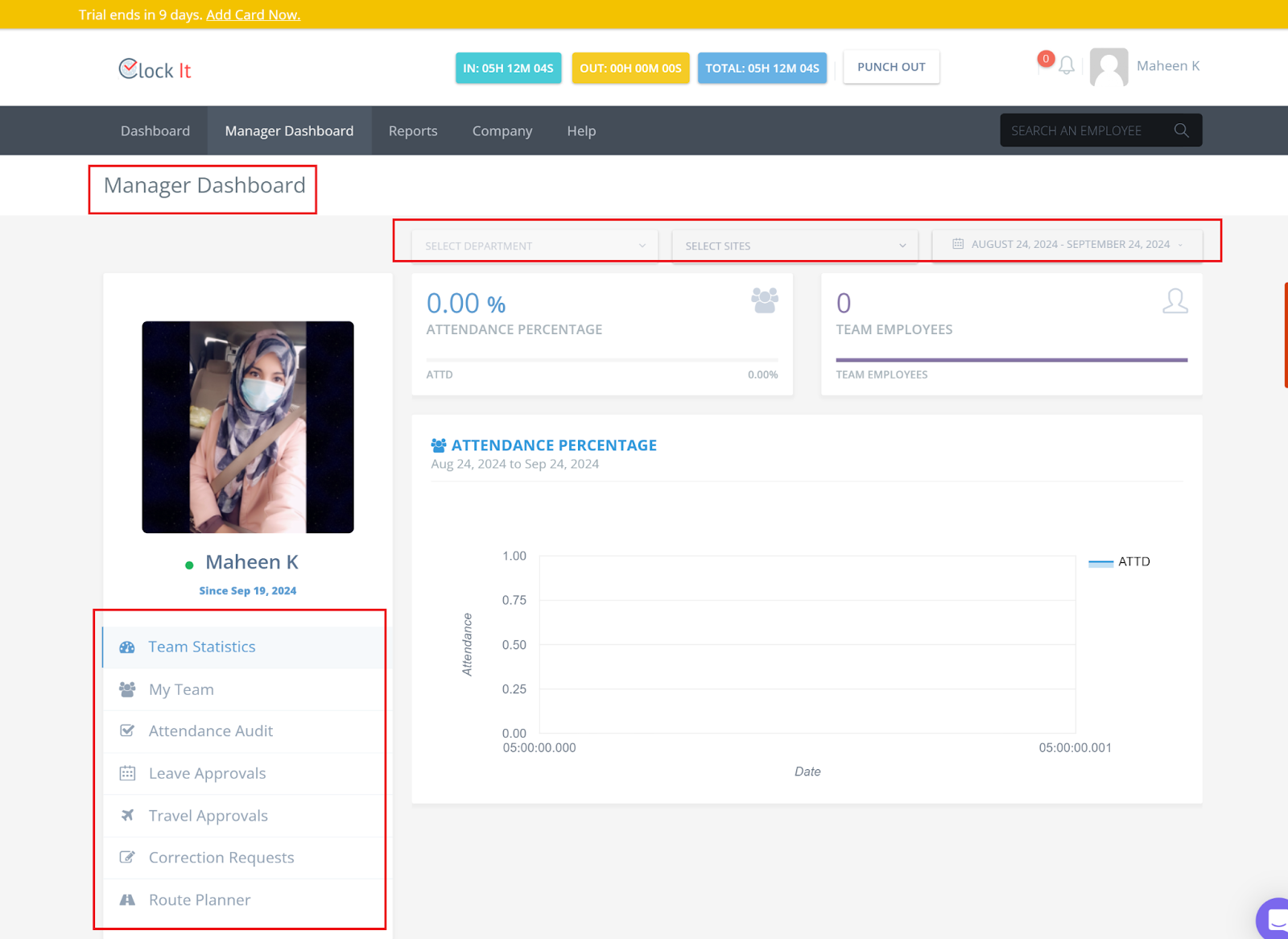 ClockIt’s Manager Dashboard features a profile photo and various management options like Team Statistics, My Team, and Attendance Audit.