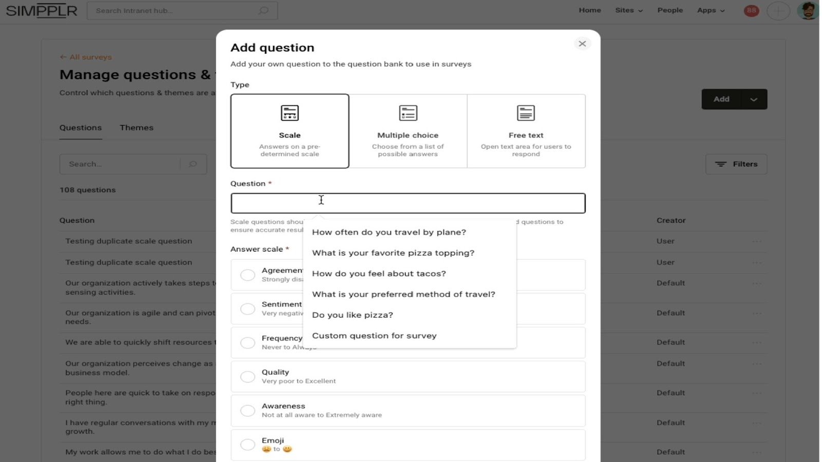 Creating a new survey in Simpplr