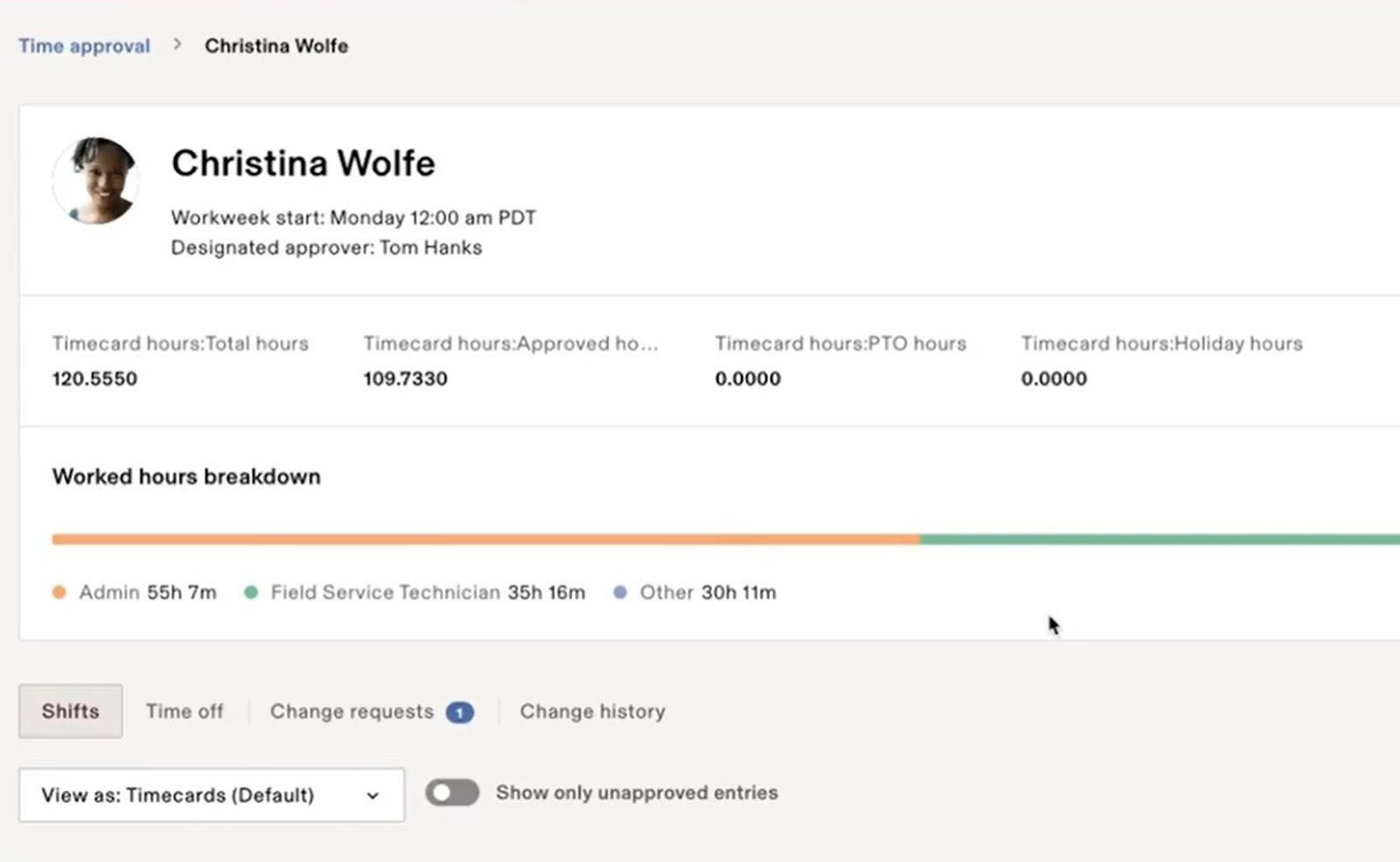 An employee timecard with a worked hours breakdown in Rippling.