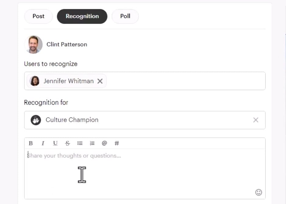 Sending the “Culture Champion” badge to a colleague in Simpplr enables you to share thoughts or questions