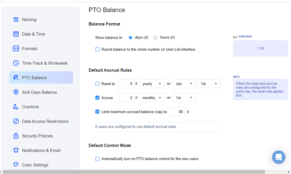 Screenshot showing PTO balance settings page