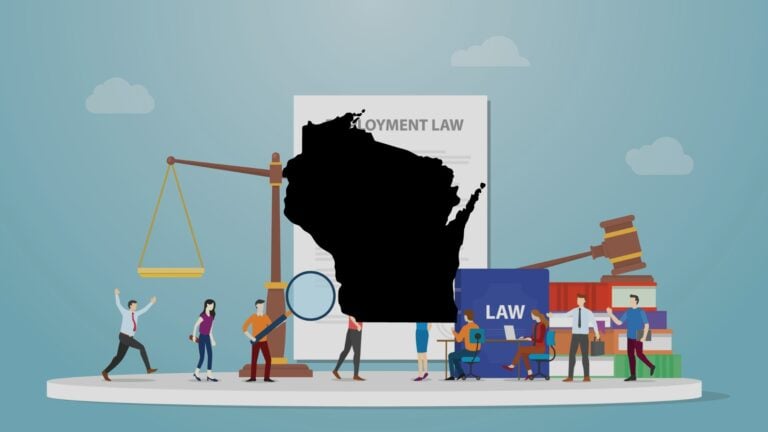 An illustration of labor law concepts overlayed by an outline of the state of Wisconsin