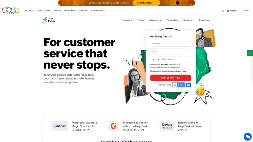 A screenshot of the homepage of Zoho Desk