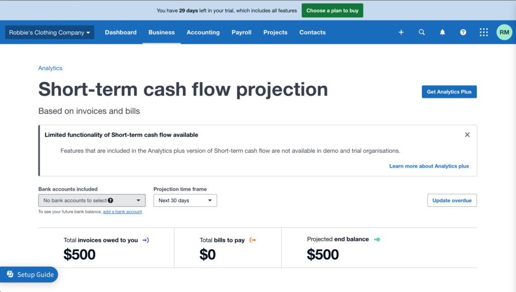 Xero’s “Short-term cash flow projection” report estimates how much cash you’ll have on hand in 30 days.