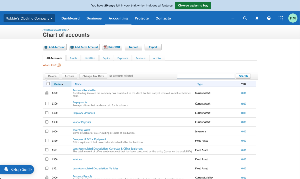 The chart of accounts page displays company financial accounts in rows.