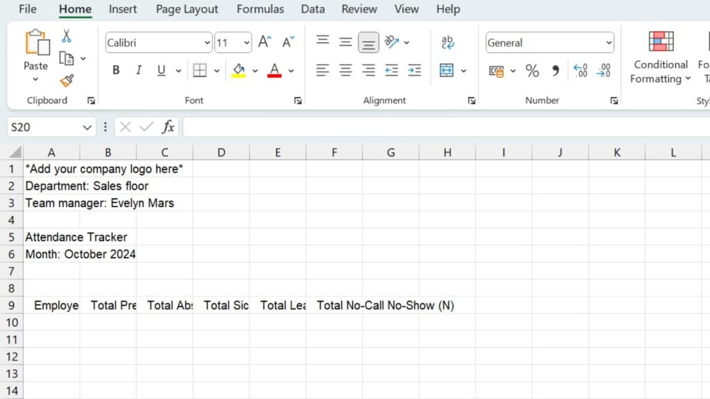 A screenshot showing an employee attendance tracking being built in Excel