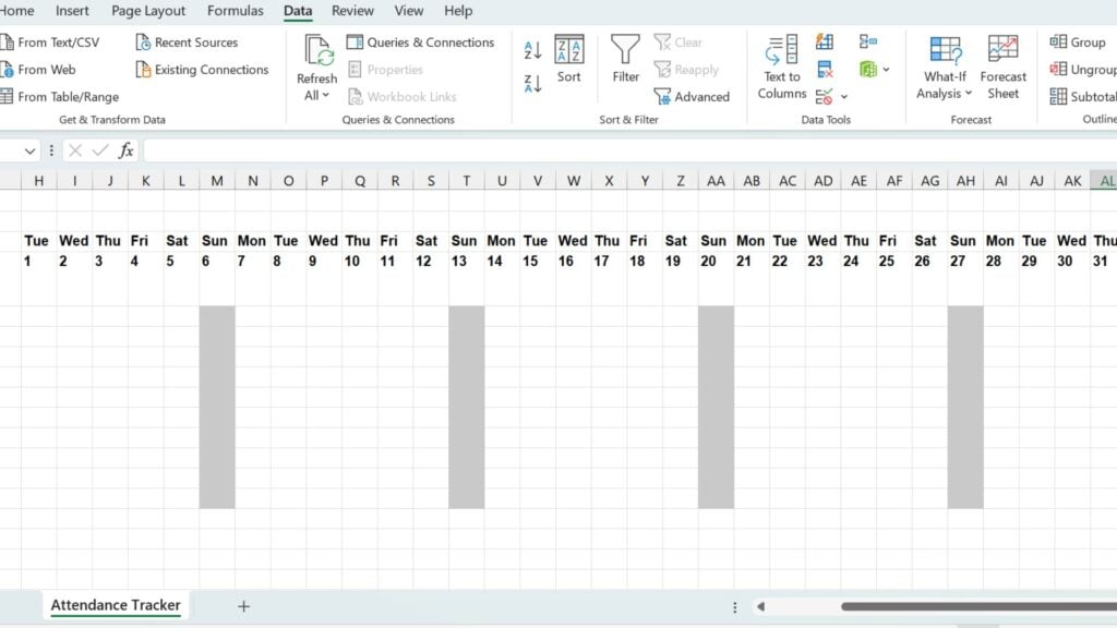 A screenshot showing greyed out columns in Excel