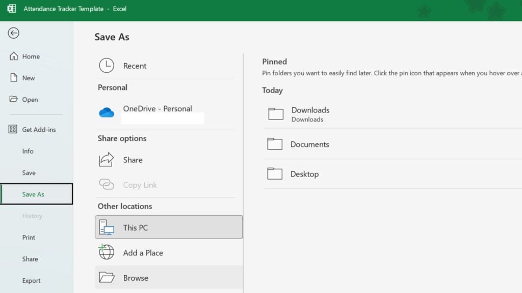 A screenshot showing how to save a file in Excel