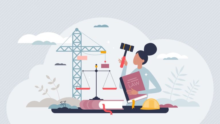 An illustration showing a construction site and a women with a law book and a gavel