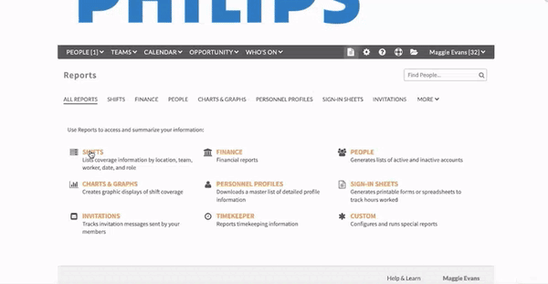 GIF showing how to generate an overtime report in Shiftboard