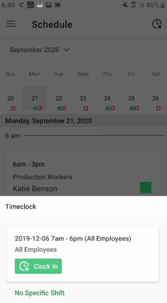 Clocking in for a shift on the Shiftboard mobile app.