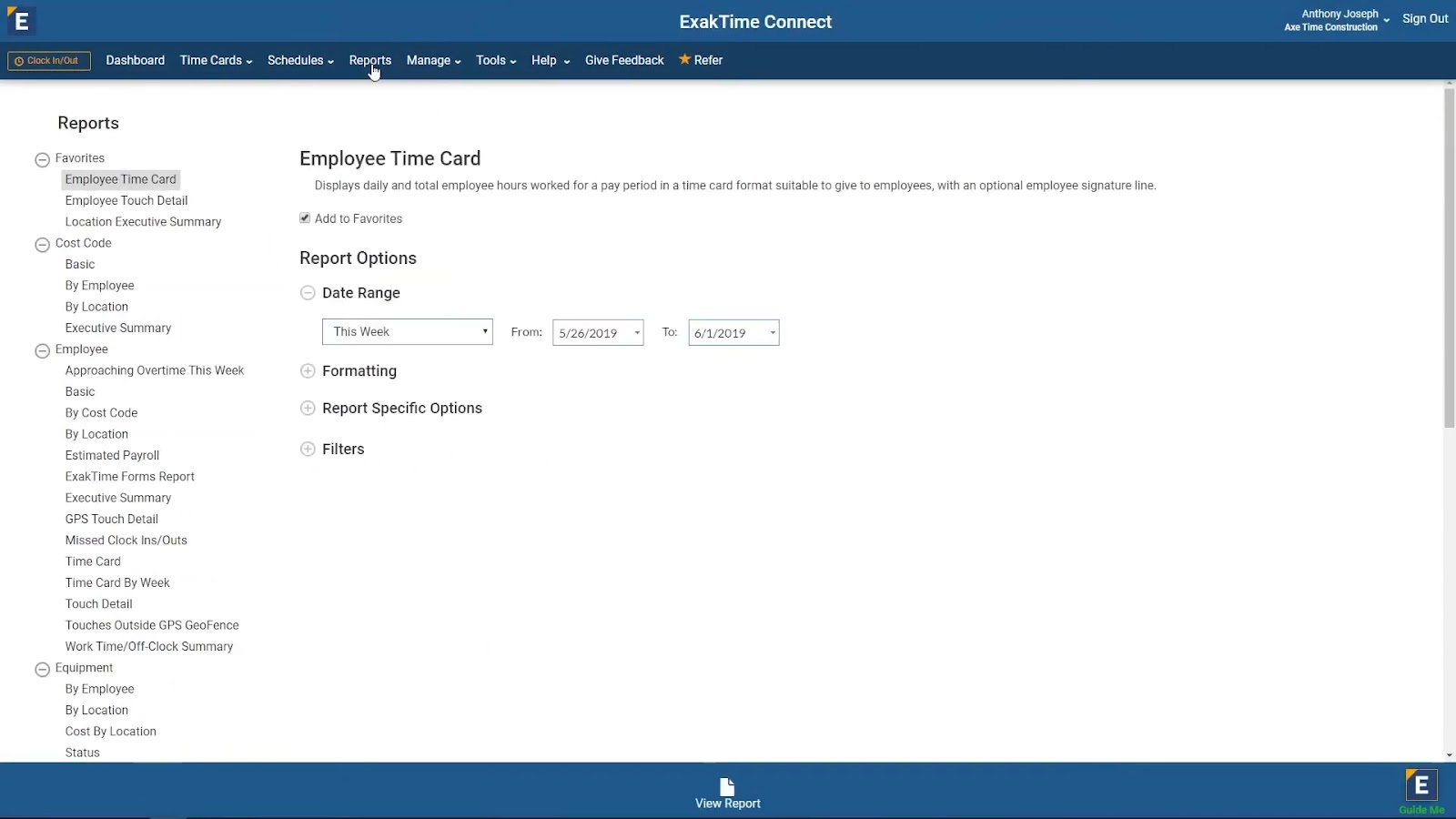 ExakTime’s Connect Reports screen shows available report options like Employee Time Card, Cost Code, and GPS Touch Detail with date range and filter options.