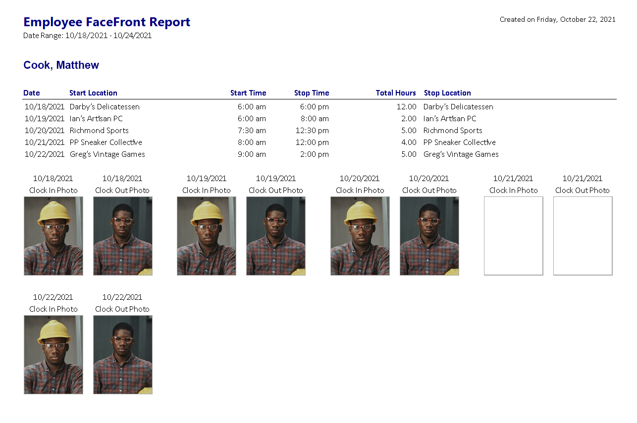 An ExakTime Employee FaceFront Report shows employee details with date, start and stop locations, hours worked, and clock-in/clock-out photos.