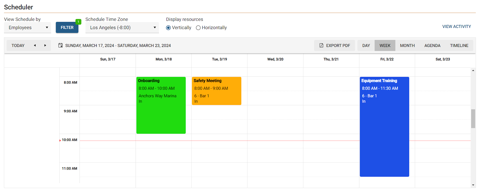 ExakTime’s Scheduler screen showing a weekly view of scheduled events—Onboarding, Safety Meeting, and Equipment Training—with color-coded blocks.