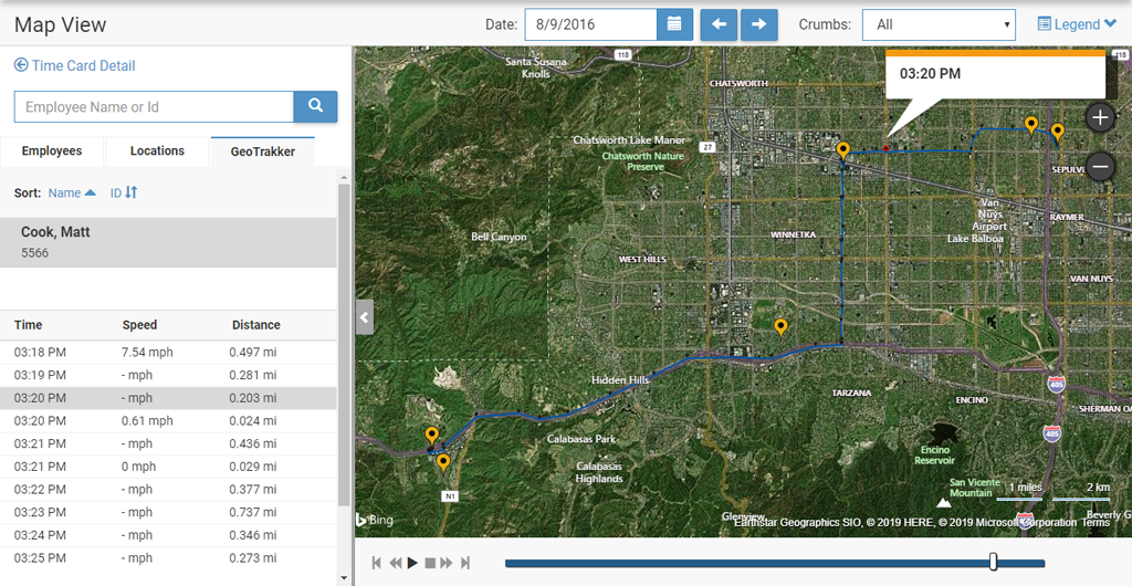 ExakTime’s Map View with GeoTrakker showing an employee’s travel route, timestamps, speed, and distance on an aerial map.