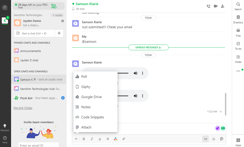 Screenshot showing Flock’s file sharing options