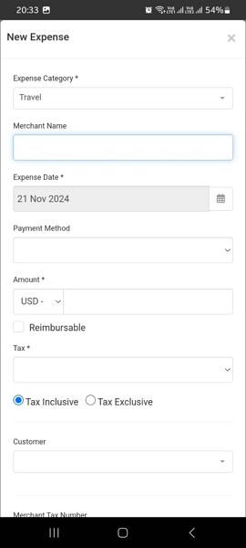 Screenshot of expense addition page on mobile