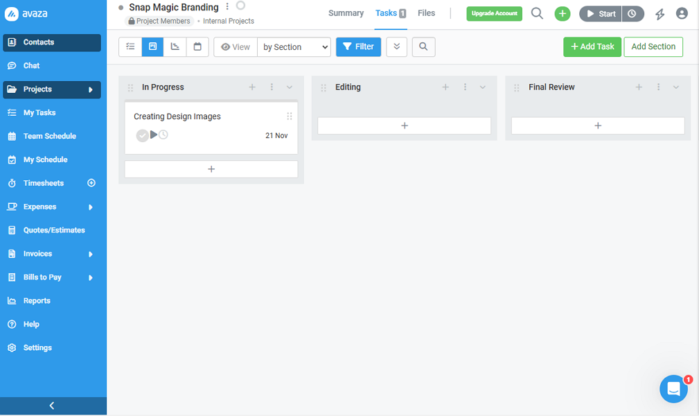 Screenshot showing Avaza’s Kanban board view.