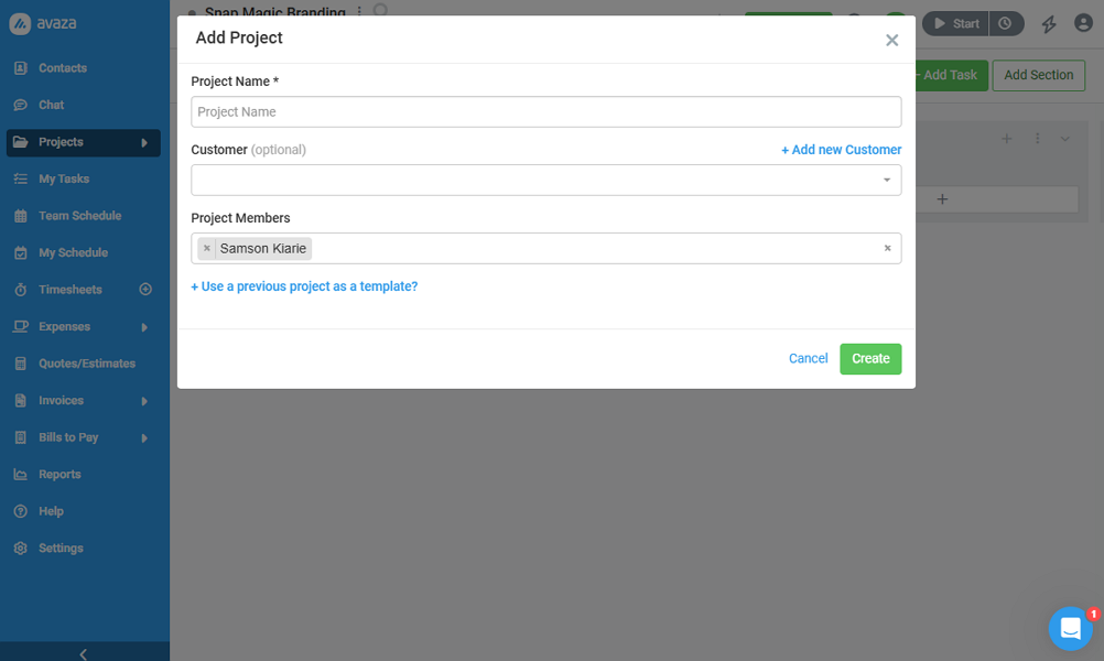 Screenshot of Avaza “add project” popup