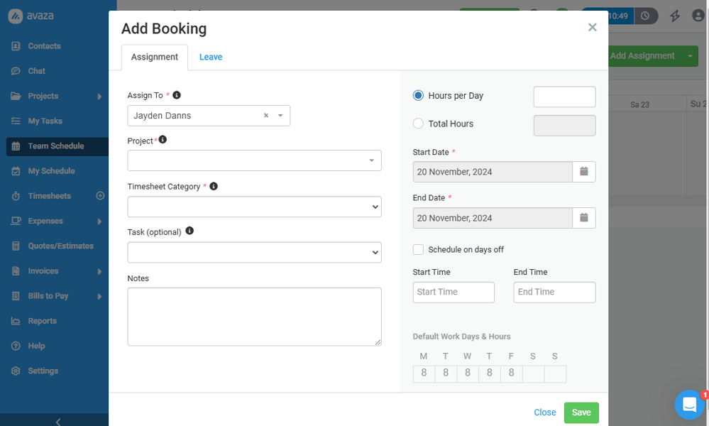 Screenshot showing Avaza’s scheduling page