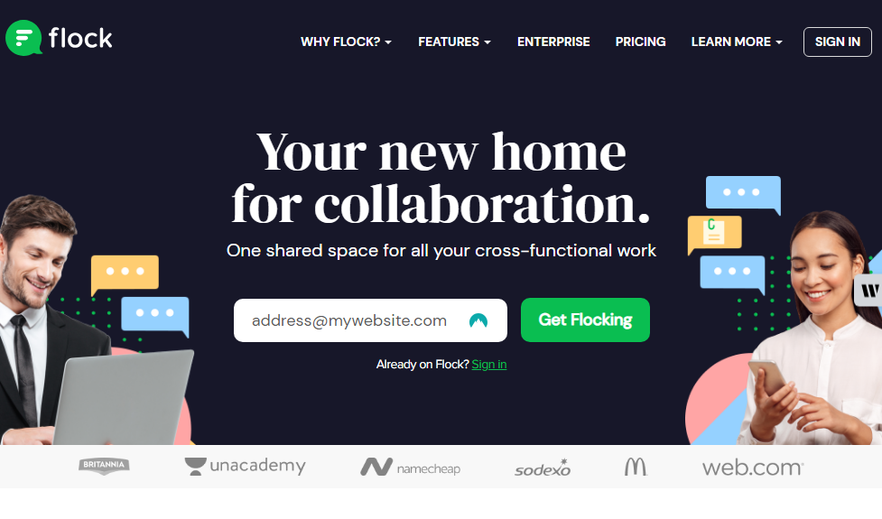 Screenshot showing Flock home page