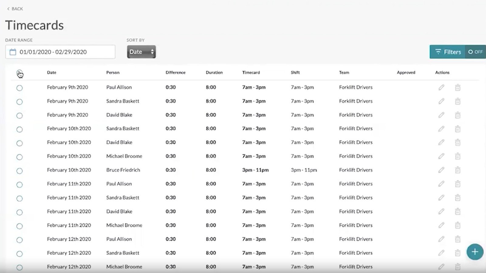 Timecards in Shiftboard show various information fields, including dates, people, shift durations, and more.