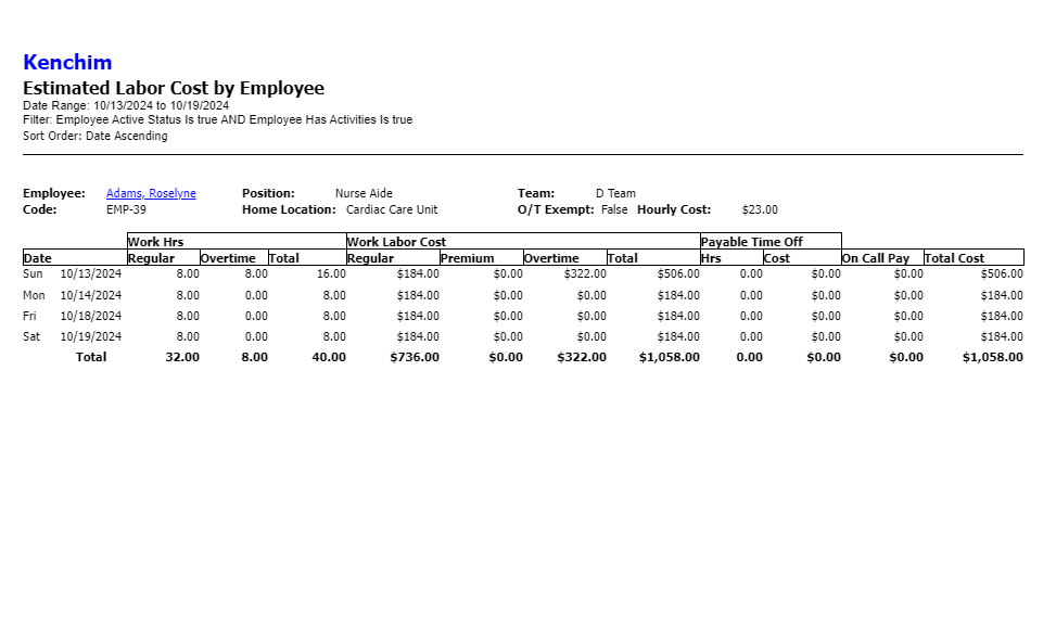 Screenshot of estimated labor cost report 