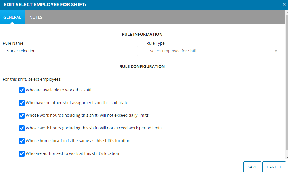 Screenshot of shift callout rules 