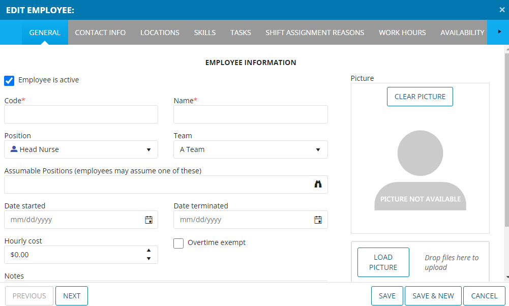 Screenshot of employee profile page