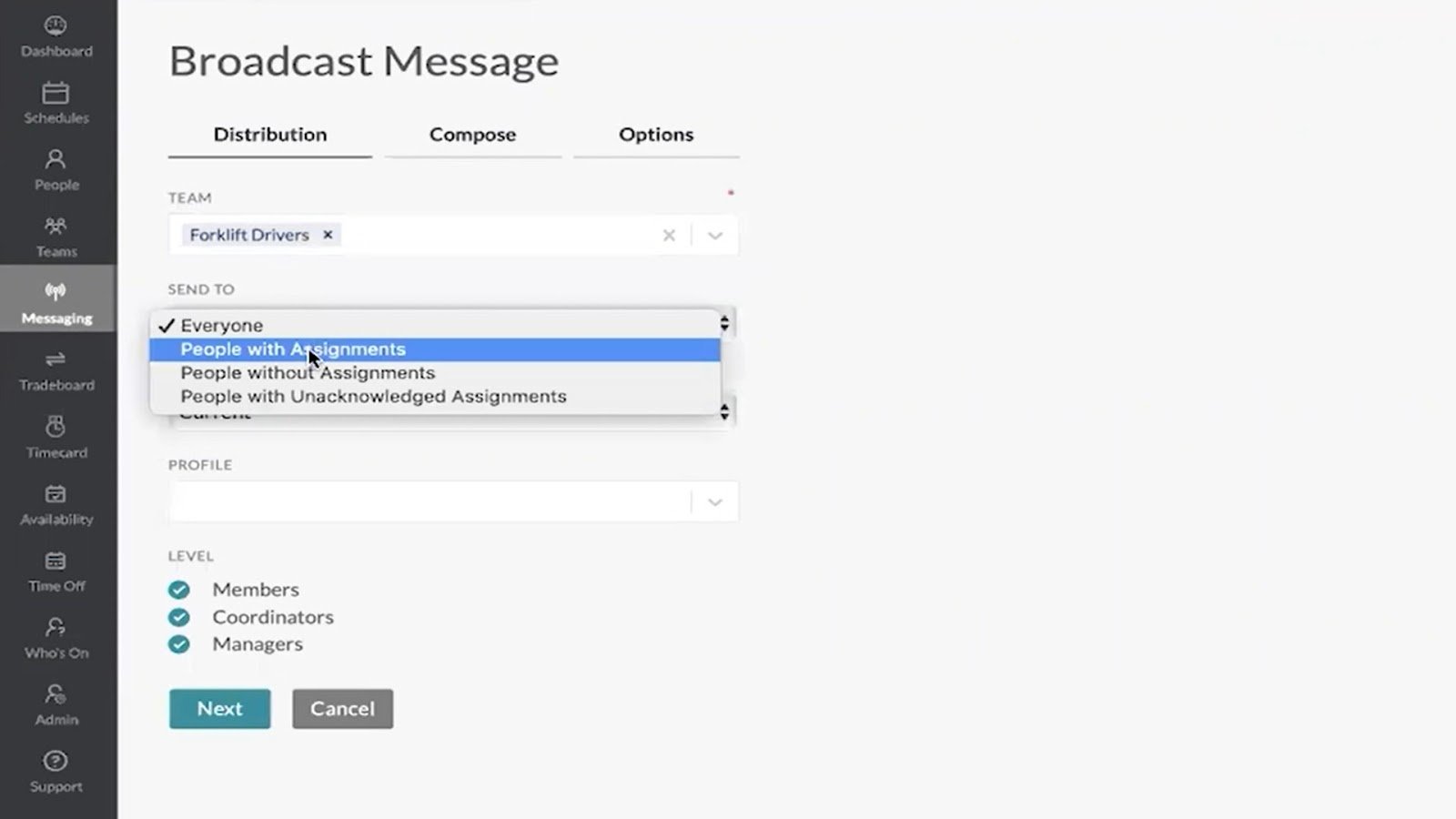 The “Broadcast Message” page in Shiftboard, featuring options to send messages to everyone, people with assignments, people without assignments, and more.