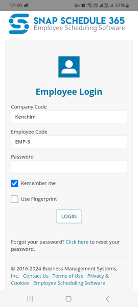 Screenshot of employee login page on mobile