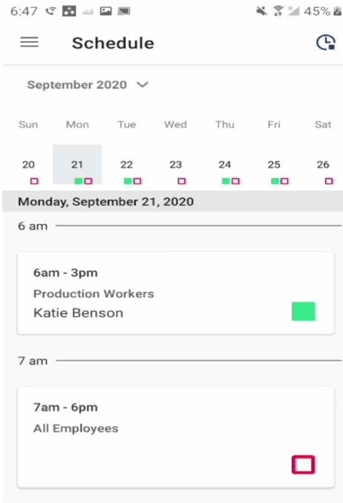 Shiftboard Android app showing a work schedule with 1 assigned and 1 unassigned shift.