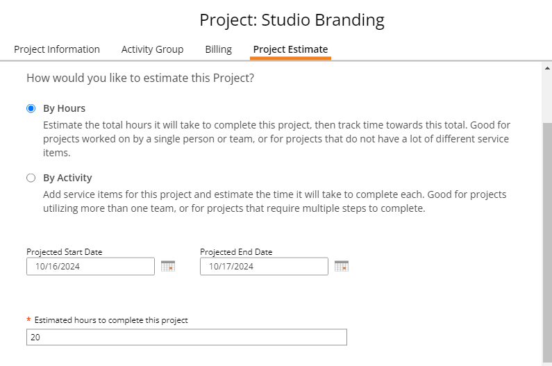 Screenshot showing project estimate options