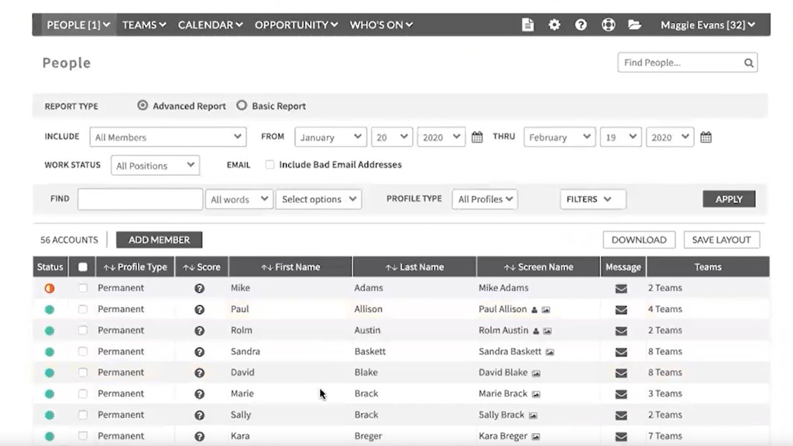 A list of employees in Shiftboard’s administrator platform.