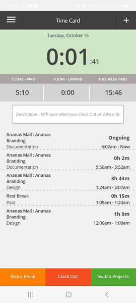 Screenshot of TimeTracker mobile app 