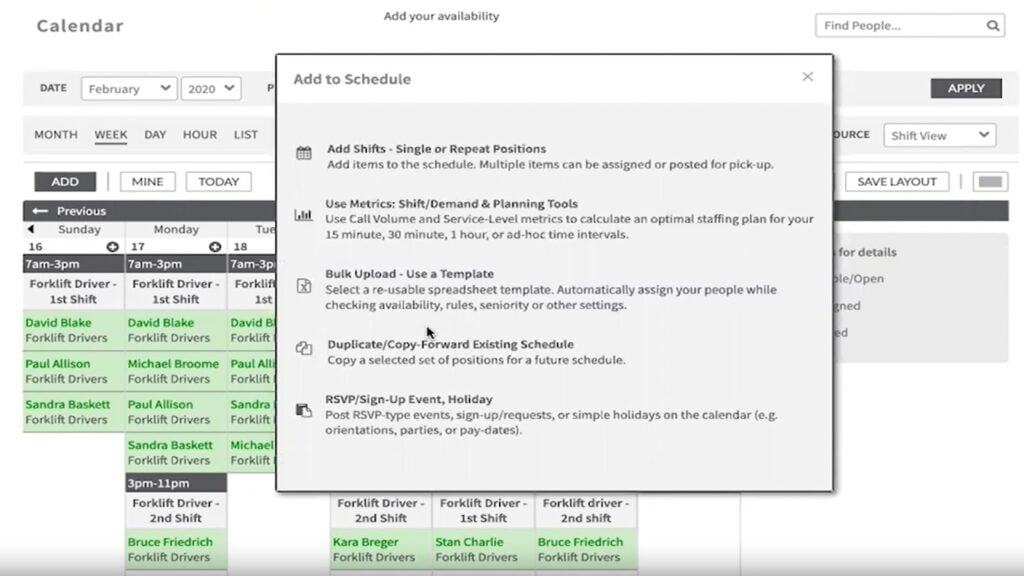 Shiftboard's scheduling view.