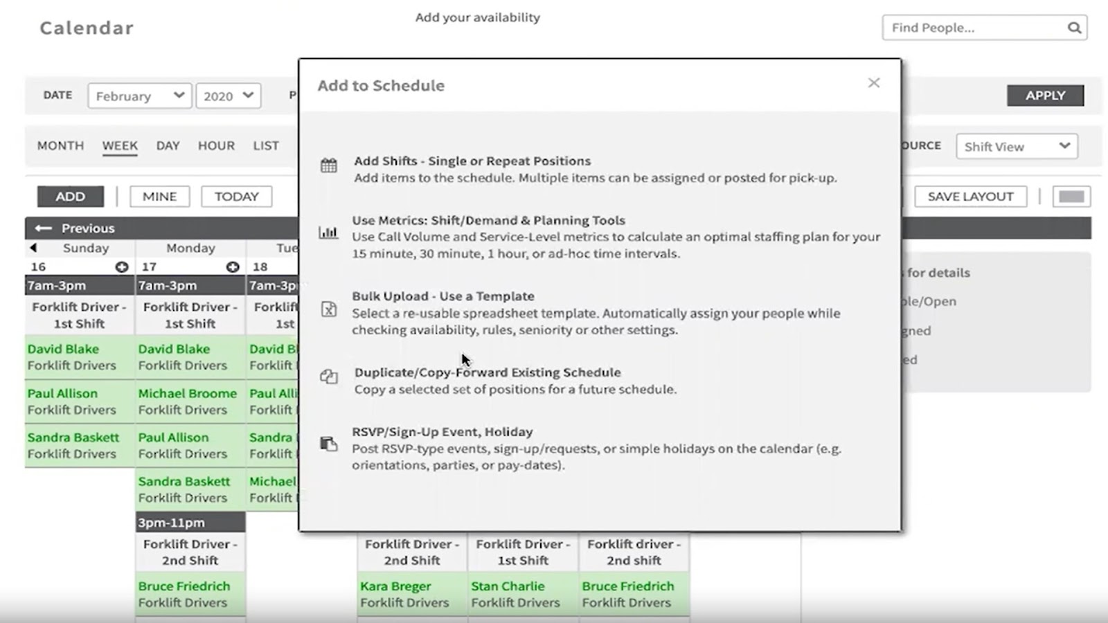 Dialogue box showing different ways to add shifts to a schedule in Shiftboard.