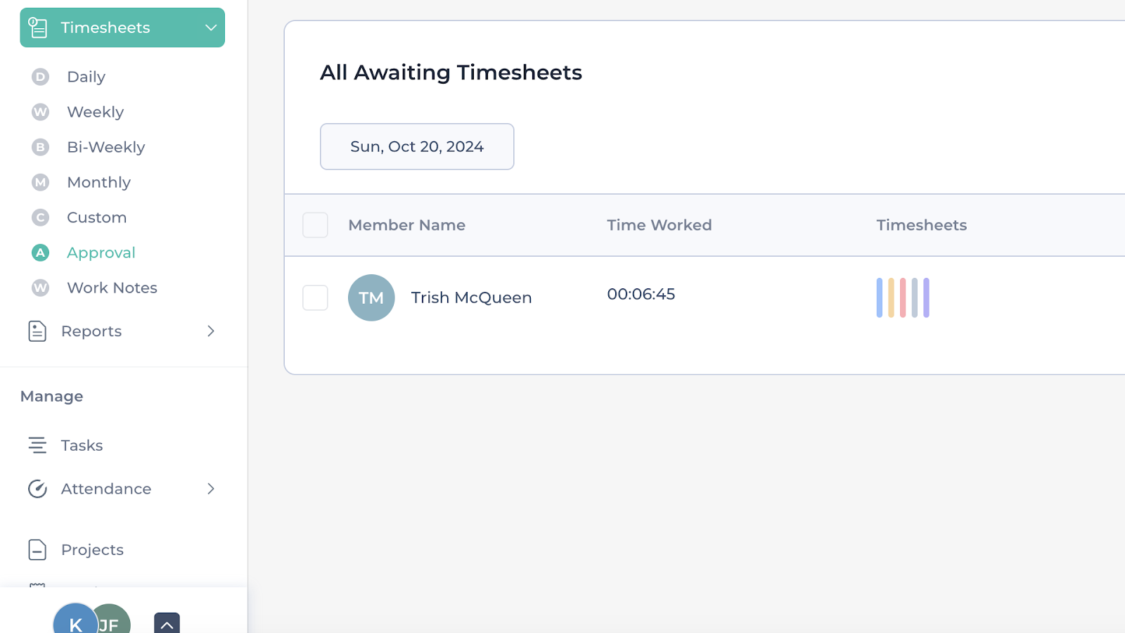 Apploye's timesheet tool shows how long an employee has worked. The left sidebar shows different timesheet reports—e.g., daily, weekly, bi-weekly, monthly, or custom.